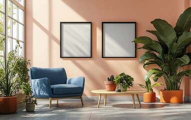 Sunny room with blue armchair, plants, table, two blank frames, and window.