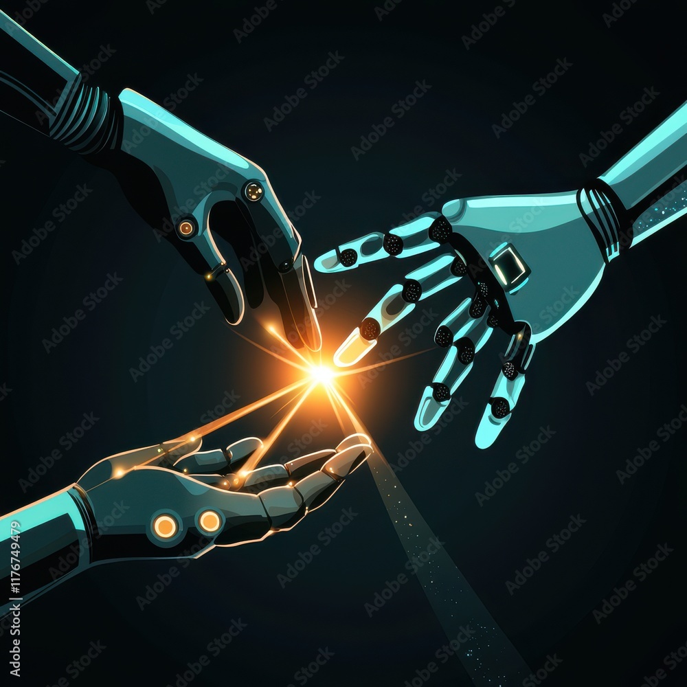 Poster two futuristic robotic hands reaching towards each other, creating a bright spark of energy between 