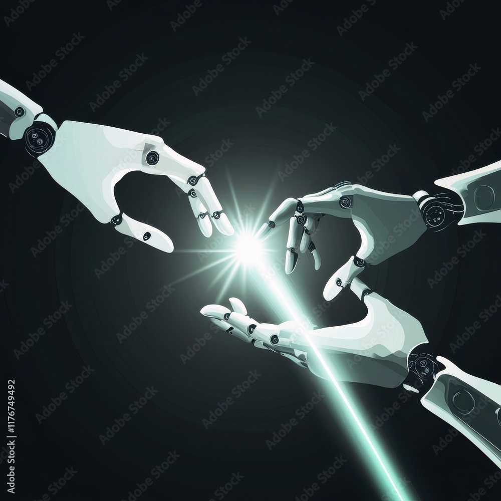 Poster two robotic hands reaching towards each other, symbolizing connection and innovation in technology.