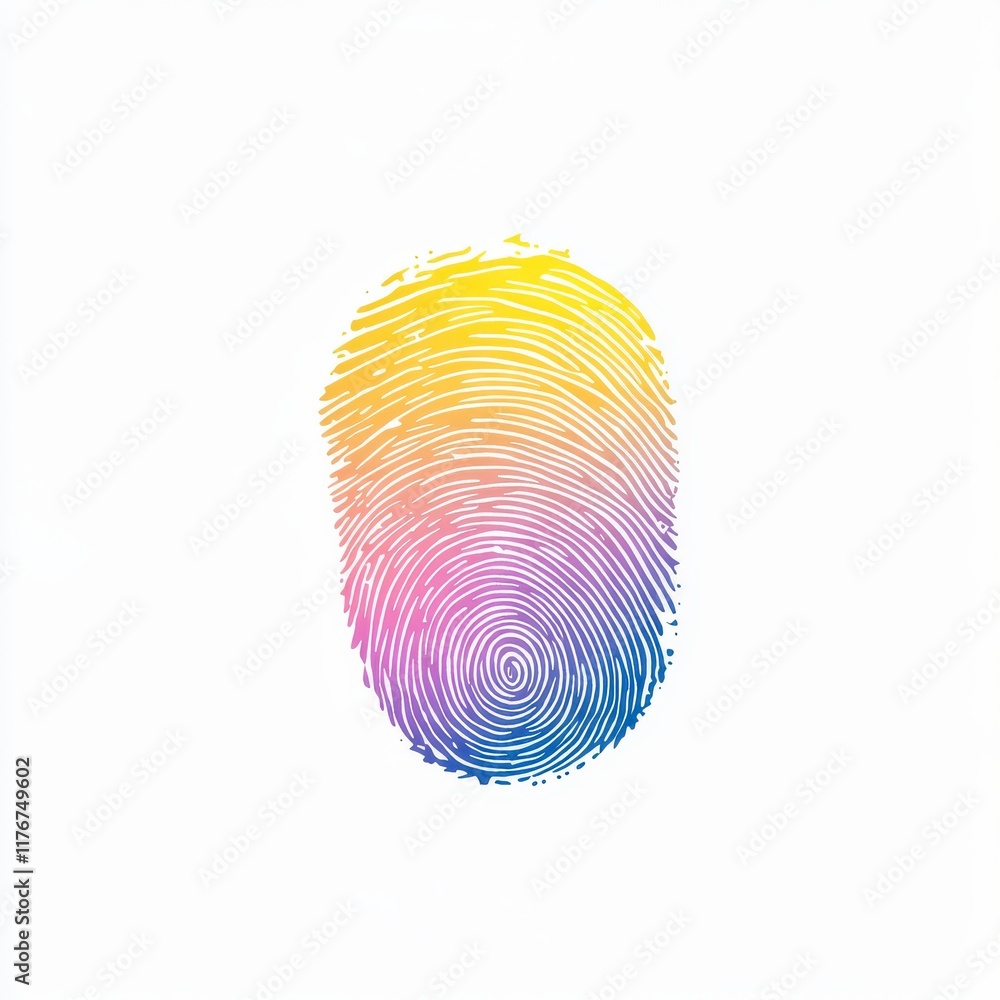 Poster colorful abstract fingerprint design with a gradient from yellow to pink to blue on a white backgrou