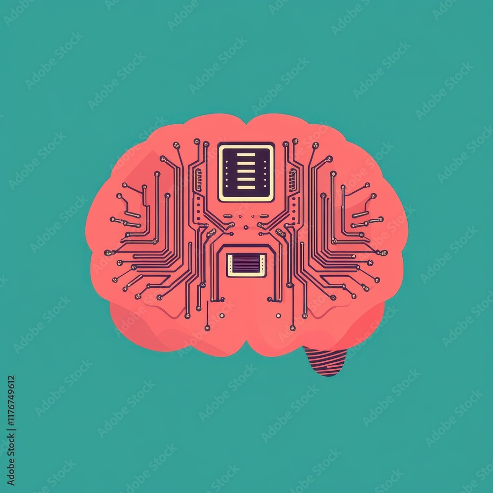Poster a vibrant illustration of a brain integrated with circuit patterns, symbolizing artificial intellige