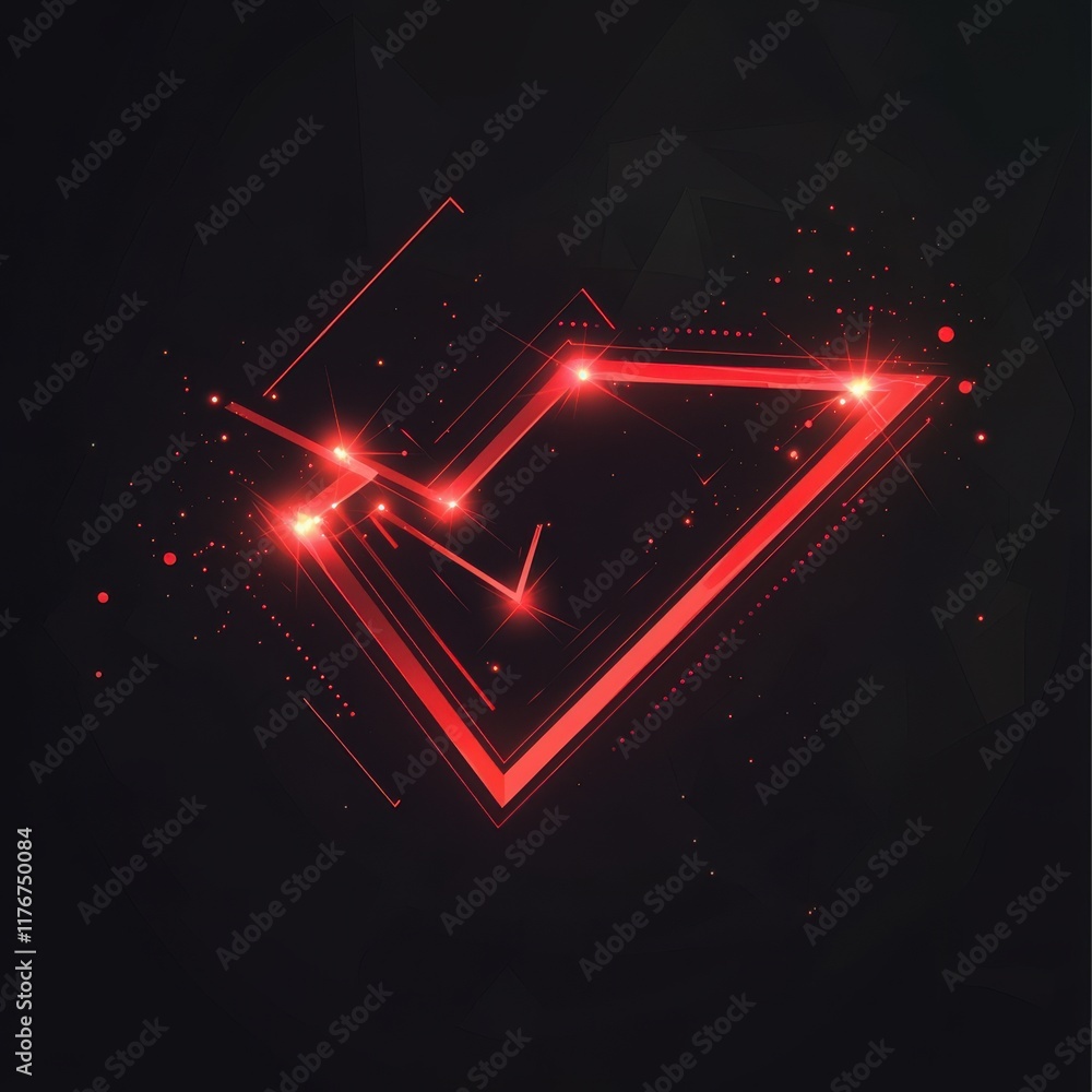Poster a striking geometric design featuring glowing red lines and sparkling effects on a dark textured bac