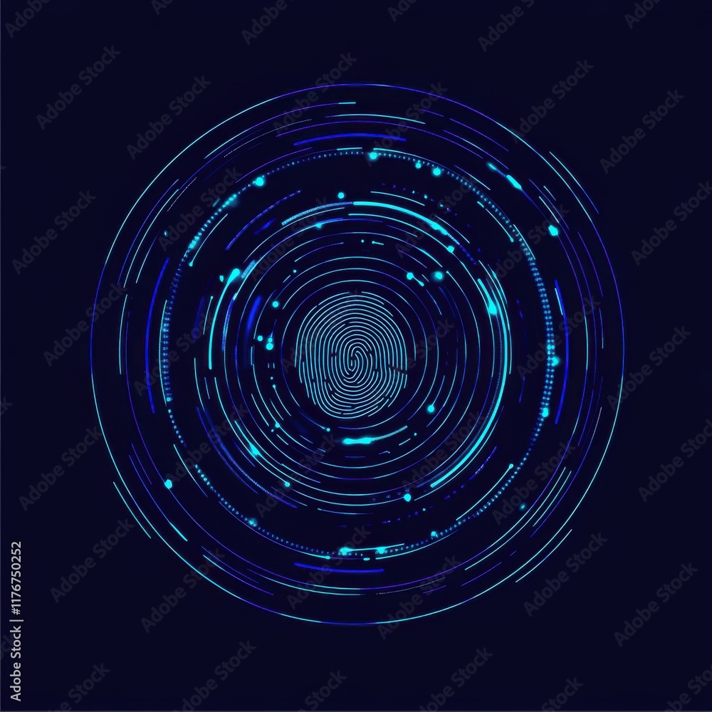 Poster digital fingerprint surrounded by glowing blue lines in a circular pattern, symbolizing security and