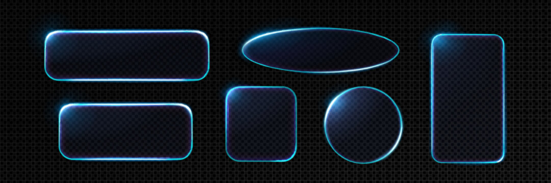 Neon glass frames collection with glowing blue light edges and transparent surfaces. Various geometric shapes - oval, rectangle, circle, square with translucent effect. Futuristic interface design.