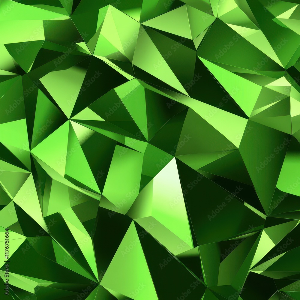 Poster vibrant green abstract geometric pattern with shiny, faceted triangular shapes.