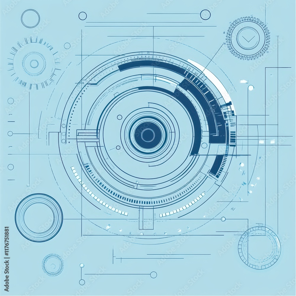 Poster abstract blue tech design featuring intricate circular patterns and digital elements.