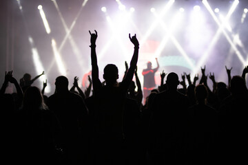 Crowd at concert and blurred stage lights.