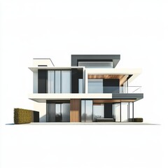 Modern architectural design showcasing a sleek, minimalist house with large windows and wood accents.
