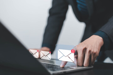 New email notification concept for business email communication. Businessman touching email on...