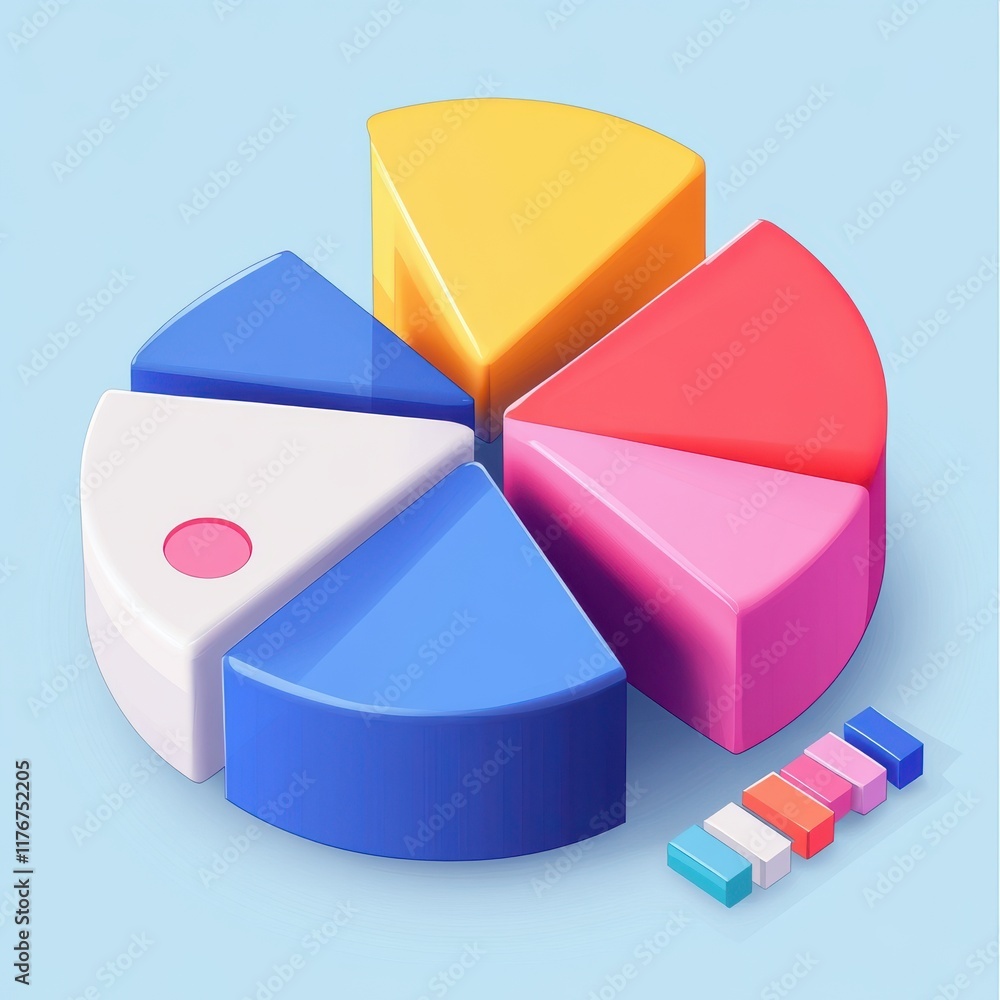 Poster colorful pie chart elements on a light blue background, representing data visualization and analysis