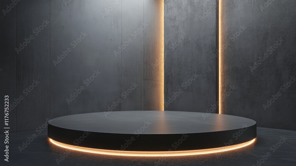 Poster elevated circular stage in matte gray with a glowing outline, set in a futuristic minimalist environ