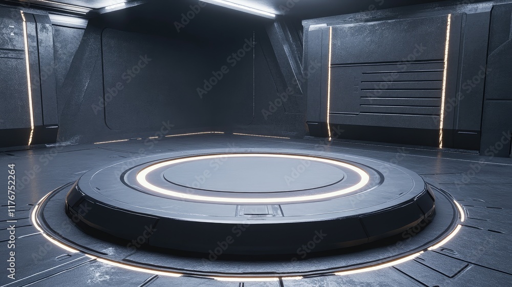 Poster elevated circular stage in matte gray with a glowing outline, set in a futuristic minimalist environ