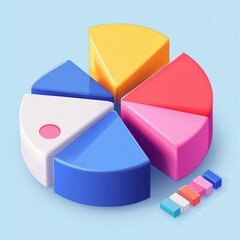 Obraz premium Colorful pie chart elements on a light blue background, representing data visualization and analysis.
