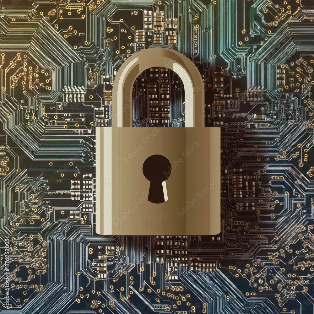Poster a golden padlock symbolizing security over a complex digital circuit background.