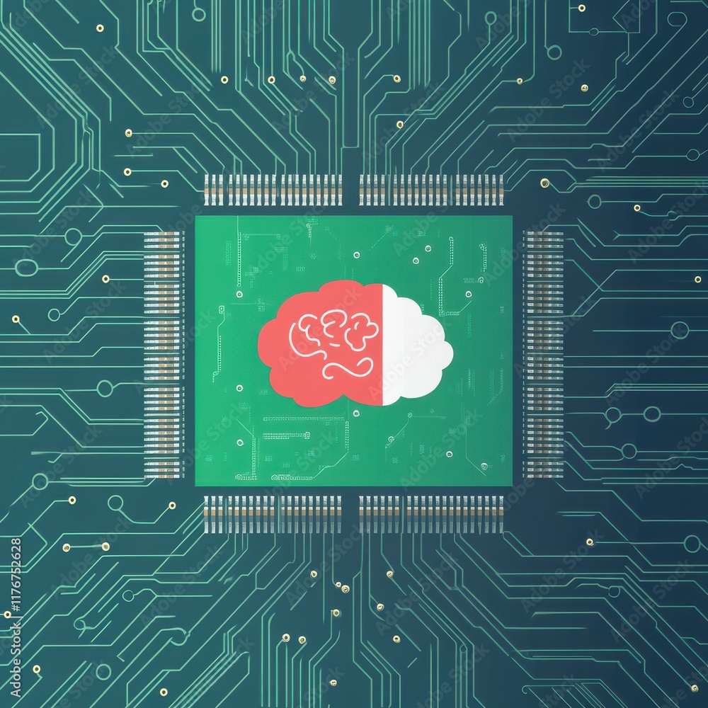 Poster abstract illustration of a brain on a microchip, symbolizing artificial intelligence and technology 