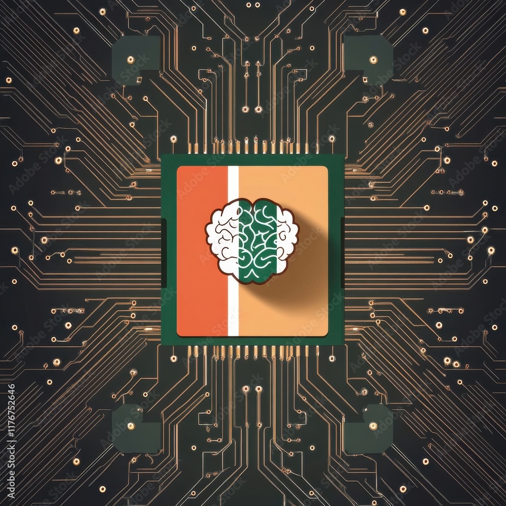 Poster a sleek microchip with a brain design, surrounded by intricate circuit patterns, symbolizing ai and 