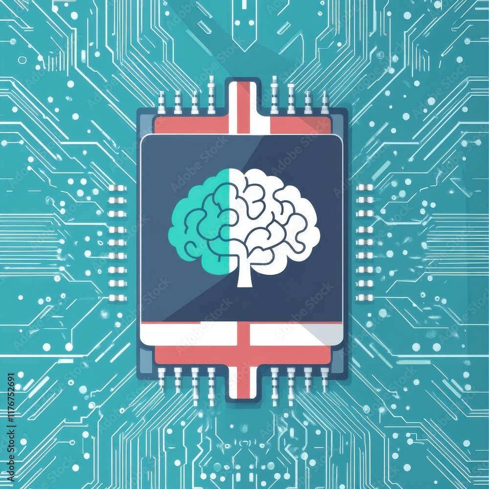 Poster futuristic microprocessor design featuring a brain symbol on a circuit board background.