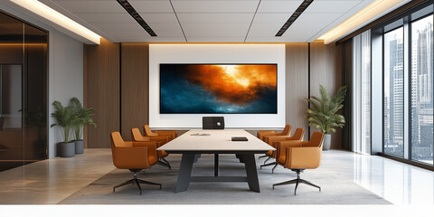 Innovative business meeting space design modern office interior photography urban environment wide-angle view professional concept