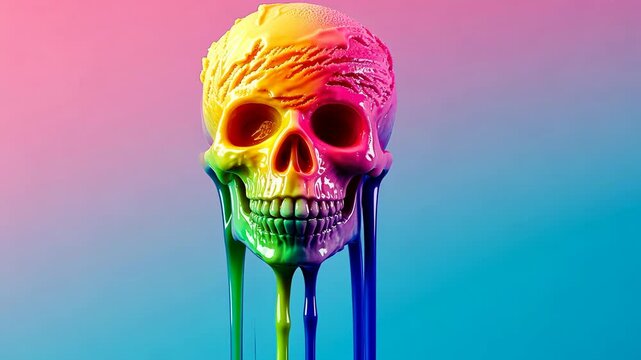 Colorful skull with rainbow paint dripping from it. The skull is surrounded by a blue background. The painting gives off a fun and playful vibe, as if it were a piece of art or a decoration