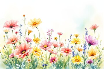 Colorful wildflowers in watercolor style, set against a light gradient background. A serene and cheerful concept of nature and beauty. Ai generative