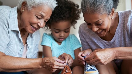 Loving Grandparents Assisting Grandchildren with Shoe Tying - Close-Up Low-Angle Shot with Caring Expressions and Olive Skin Tones