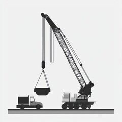 A silhouette of a construction crane lifting a heavy load near a truck, symbolizing industrial work.