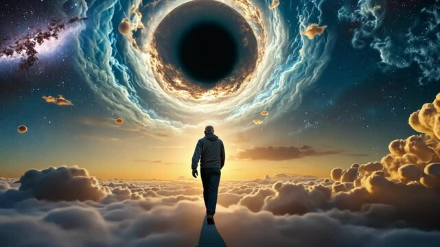 Walking through clouds towards a cosmic vortex at sunset in a surreal landscape