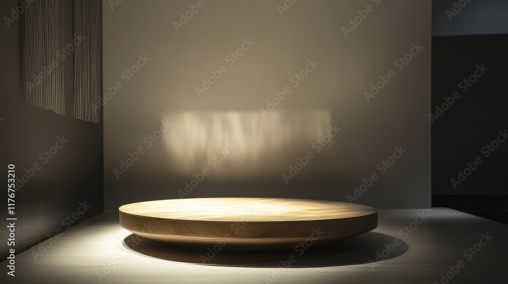 Poster floating round platform in a minimalist setting, illuminated by a single directional light, creating