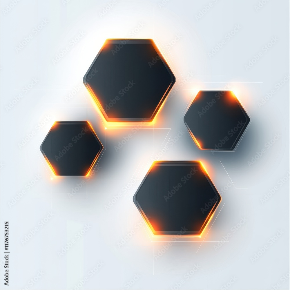 Poster four illuminated hexagonal shapes with a sleek design on a light background, showcasing modern aesth