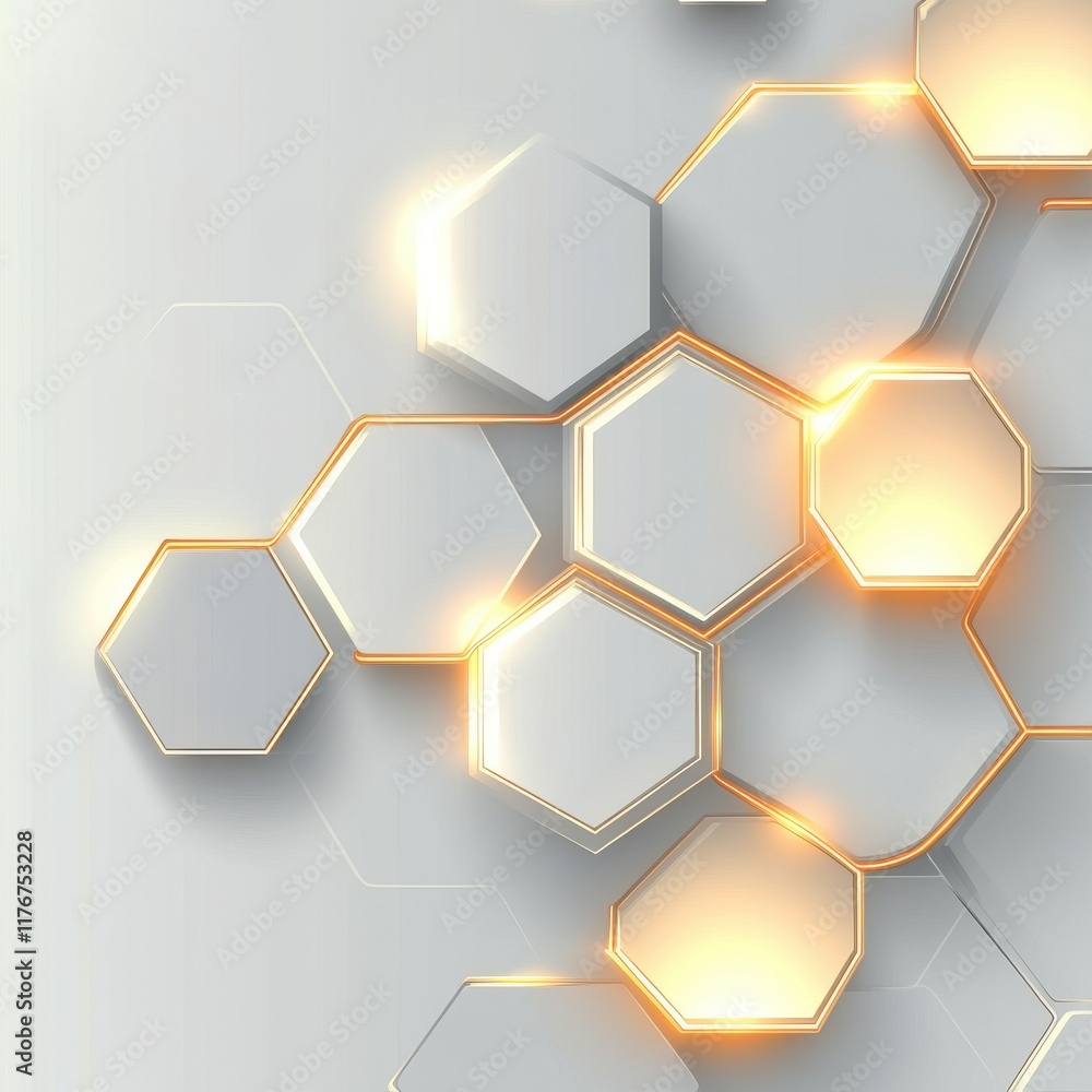 Poster abstract pattern of hexagons with glowing edges in a soft white background.