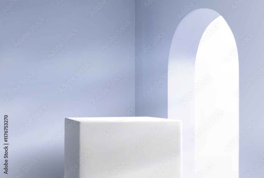 Poster minimalist podium setup with rectangular display platform in soft blue interior. curved arch doorway