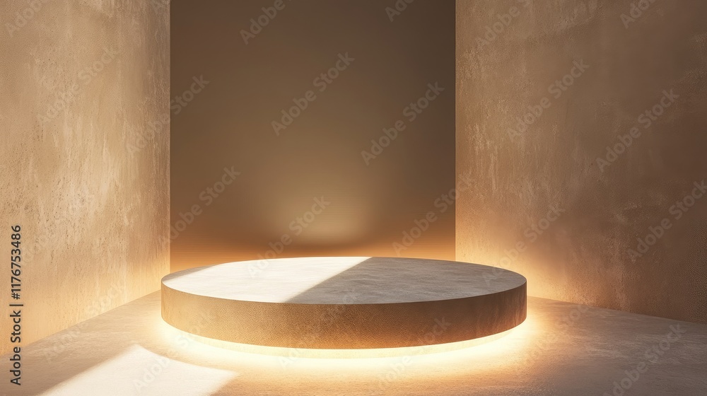 Poster Floating round platform in a minimalist setting, illuminated by a single directional light, creating soft gradients.