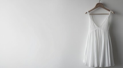 Flowing white summer dress displayed on a hanger, set against a bright white background, minimalist aesthetic.