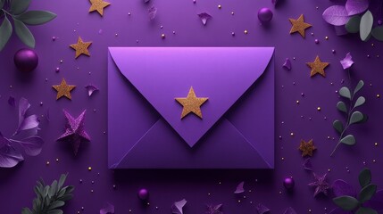 Purple envelope with gold star on purple background with decorative elements.