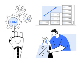 Robotic hand pressing CRM button, server growth with upward arrows, and person holding shopping bags. Ideal for business automation, data management, technology, e-commerce, online shopping, customer