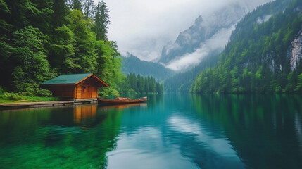 Obraz premium A wooden cabin and boat on a reflective lake