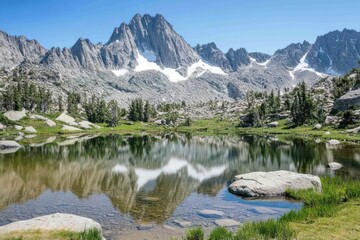 Mountain lake reflection, summer, alpine scenery, travel poster