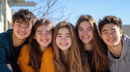 Obraz premium Cultural exchange program featuring international students in a vibrant urban setting group portrait enthusiastic atmosphere sunlit background