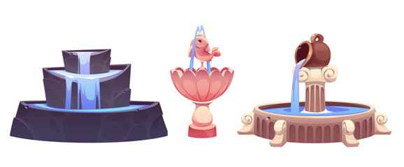 Fountains set isolated on white background. Vector cartoon illustration of stone and marble, modern, antique and classic style tiered pool with water sprinkles and statues, park or garden decoration