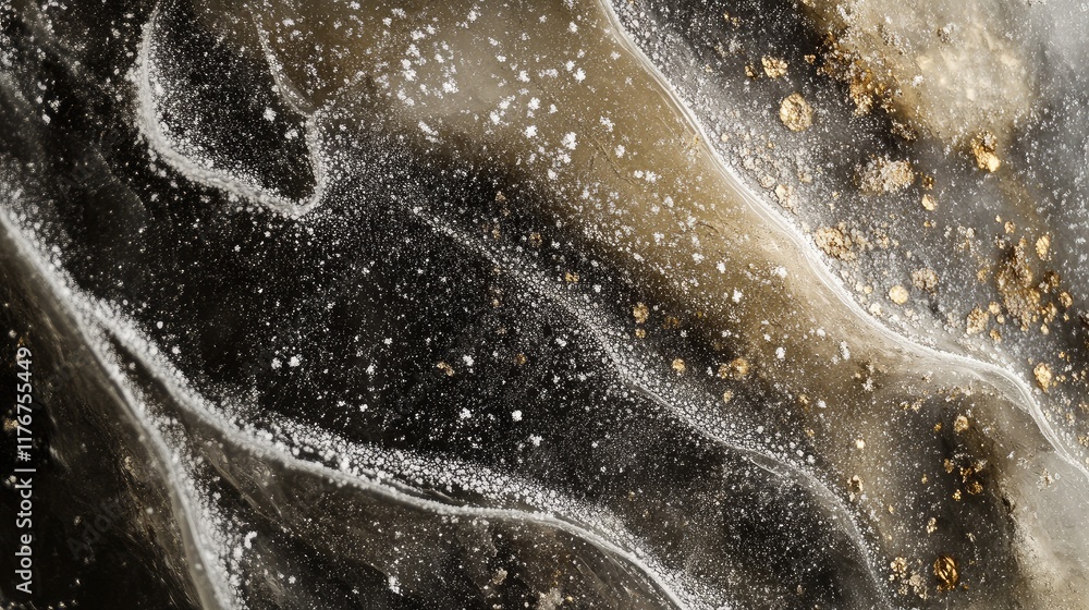 Aufkleber macro shot of a water surface partially frozen, detailed frost patterns spreading across the icy edg