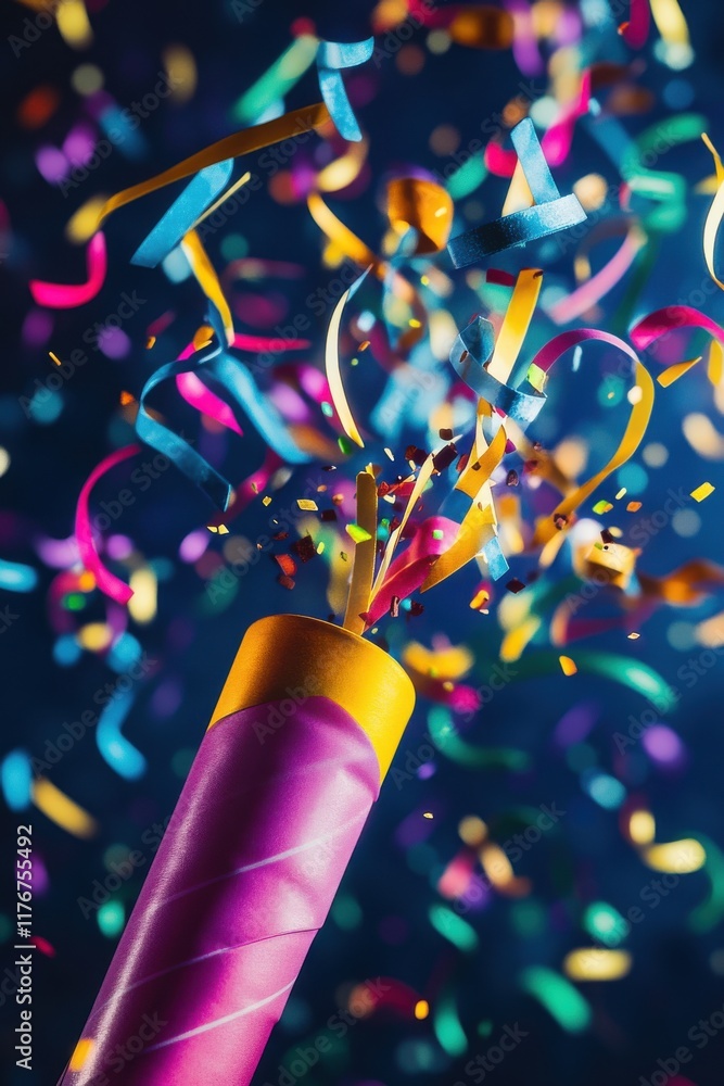 Poster a vibrant party popper unleashing a burst of colorful confetti and streamers, creating a festive atm