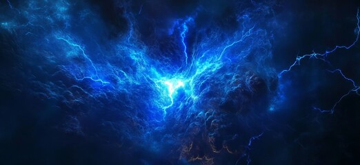 Abstract blue energy burst, electric plasma, lightning storm.