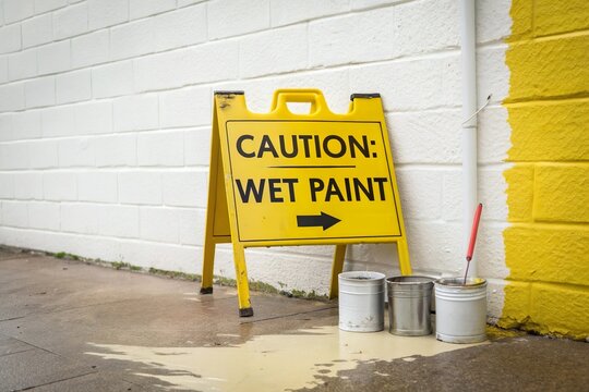 Yellow wet paint caution sign with near freshly painted wall