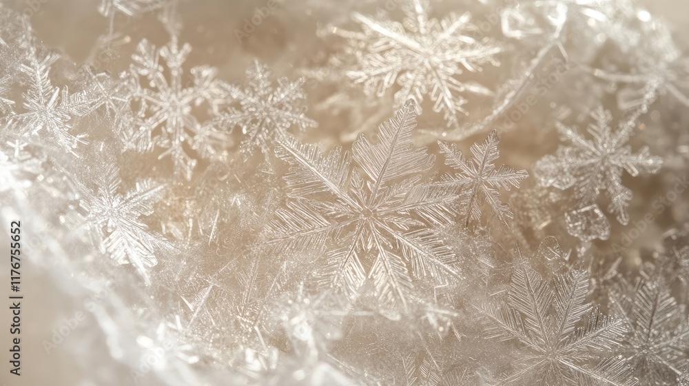 Poster macro shot of snowflakes clustered on a cold surface, delicate and intricate patterns under soft amb