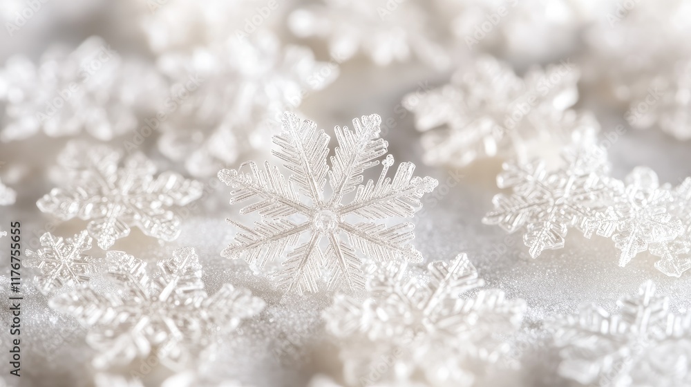 Poster macro shot of snowflakes clustered on a cold surface, delicate and intricate patterns under soft amb