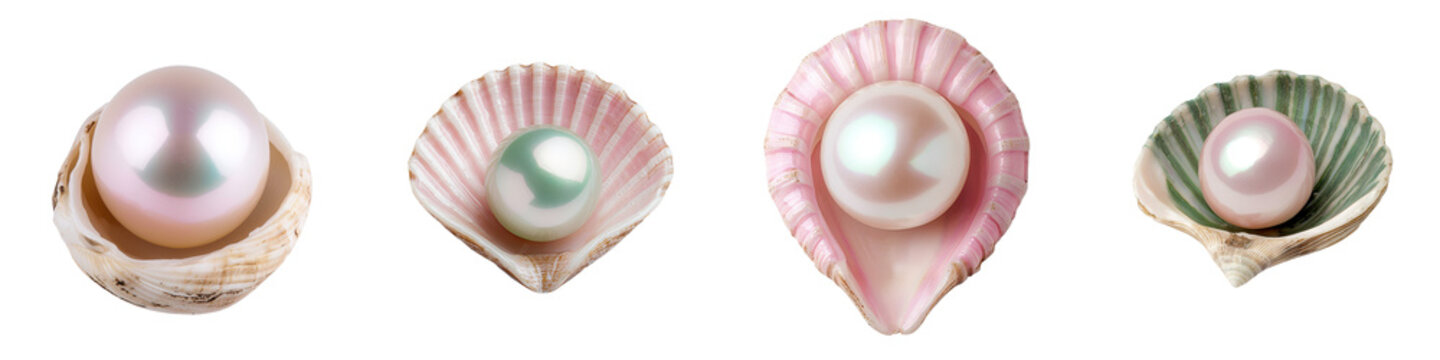 Elegant and natural pearl seashells displayed in pastel colored shells against a plain white background  Minimalist still life with organic shapes textures and colors from the sea