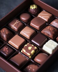 Luxurious assortment of artisanal chocolates in a stylish box, showcasing rich textures and elegant designs.