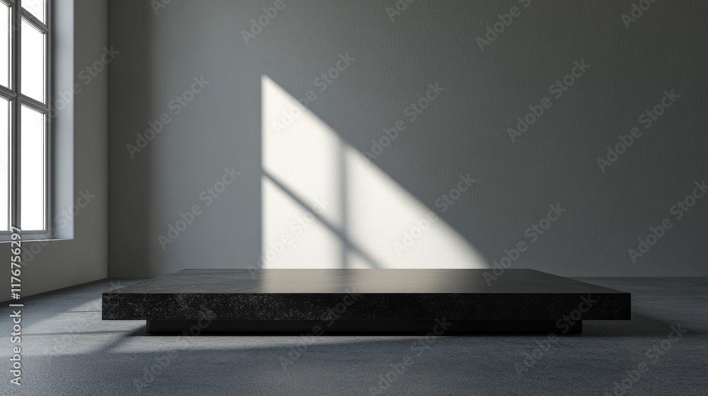 Poster minimalist rectangular platform with a reflective black surface, surrounded by a neutral gray backgr