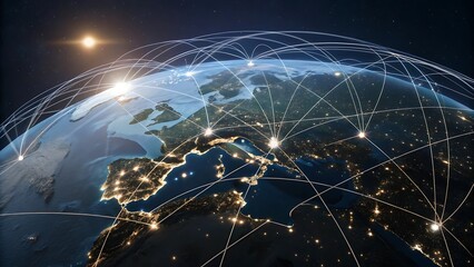 A global map showing the world at night, with bright city lights visible across the continents. The map is surrounded by a network of glowing lines, representing global connectivity and communication