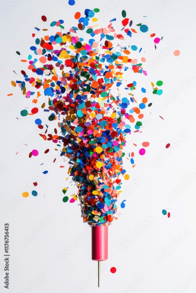 Poster a vibrant explosion of colorful confetti from a party popper, creating a festive atmosphere.